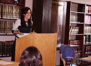 Shoshana leading a class at the Queens College Hillel's new Beit Meidrash. (Shoshana Charnoff)