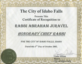 Chief Rabbi Idaho Falls certificate