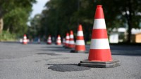 Row of traffic cones - selective focus