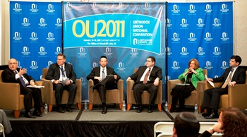 The topic for the final Plenary Session at the OU 2011 Convention was “The Orthodox Role in the Jewish Community of Tomorrow.” Panelists were Rabbi Dr. Jacob J. Schacter; Jerry Silverman; Rabbi Efrem Goldberg; Rabbi Steven Burg; Dr. Marian Stoltz-Loike; and anchor Rabbi Steven Weil.