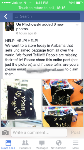The Facebook post seeking the rightful tefillin owners