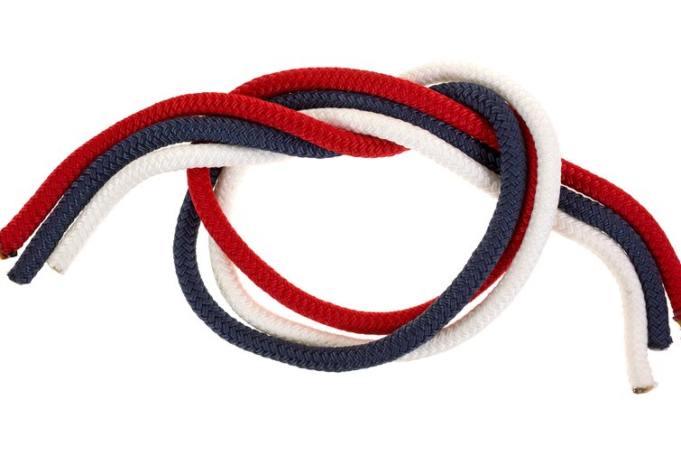 Red white and blue rope tied in loose knot